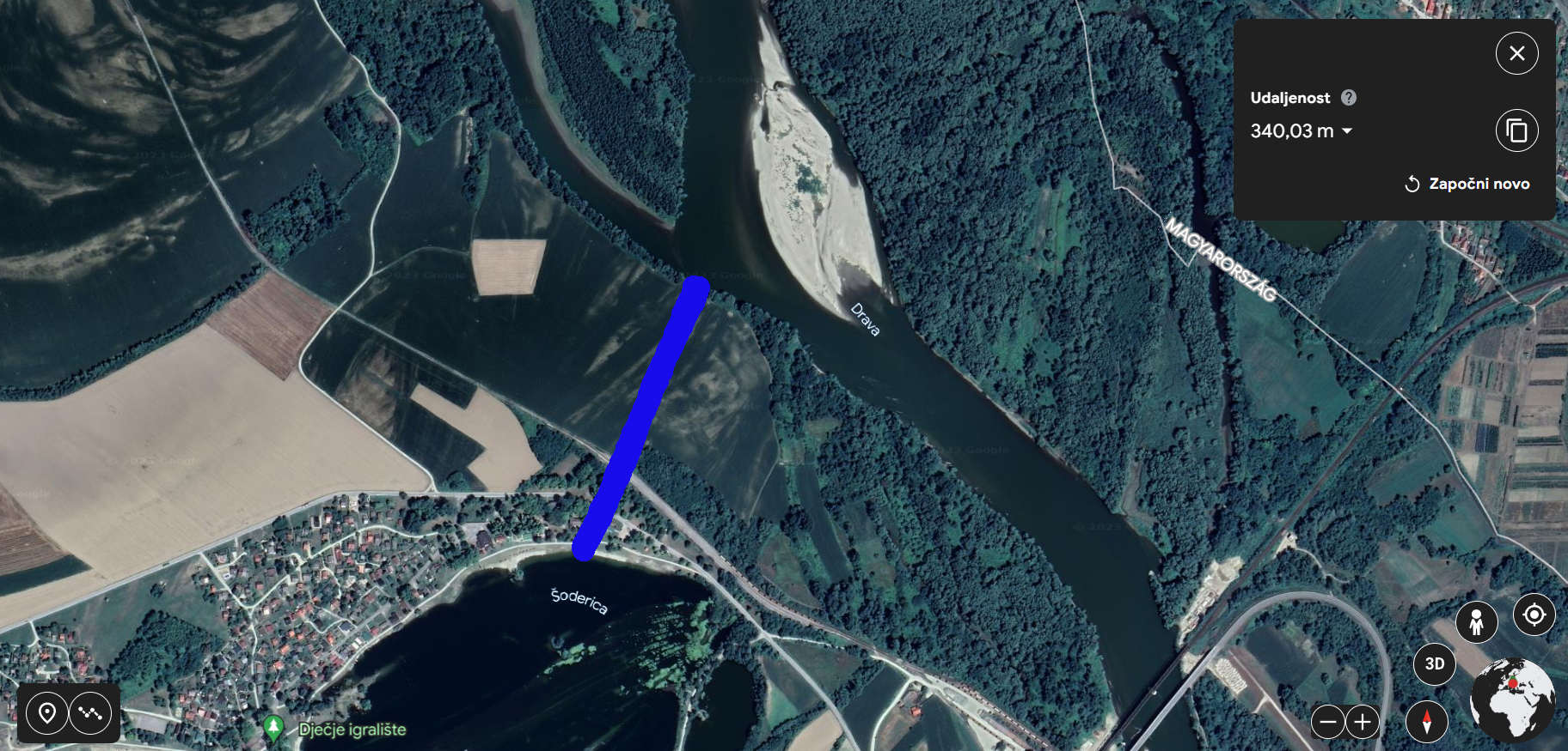 Udaljenost glavnog i sporednog toka Drave do obale Šoderice/ GOOGLE EARTH, IVAN GROBENSKI