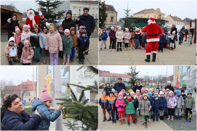 FOTO Djeca ukrasila božićna drvca na Strossmayerovom trgu, razveselio ih i dolazak Djeda Božićnjaka