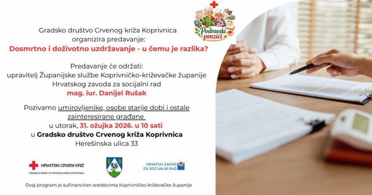 Gradsko društvo Crvenog križa Koprivnica organizira predavanje o razlikama između dosmrtnog i doživotnog uzdržavanja